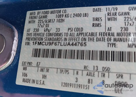 2020 Ford Escape S from USA, damaged, VIN 1FMCU9F67LUA44765